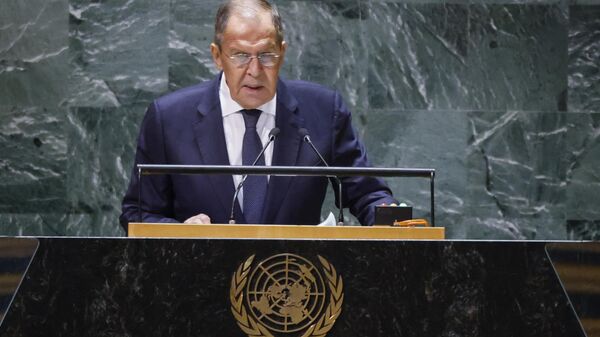 Sergei Lavrov, ministro das Relações Exteriores da Rússia, discursa na 78ª Assembleia Geral das Nações Unidas em Nova York, EUA, 23 de setembro de 2023 - Sputnik Brasil