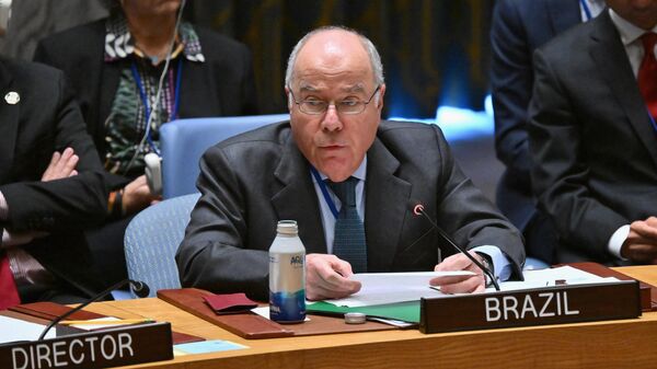 O chanceler brasileiro, Mauro Vieira, fala durante reunião do Conselho de Segurança de alto nível sobre a situação na Ucrânia, à margem da 78ª Assembleia Geral da ONU, na sede da ONU em Nova York, em 20 de setembro de 2023 - Sputnik Brasil