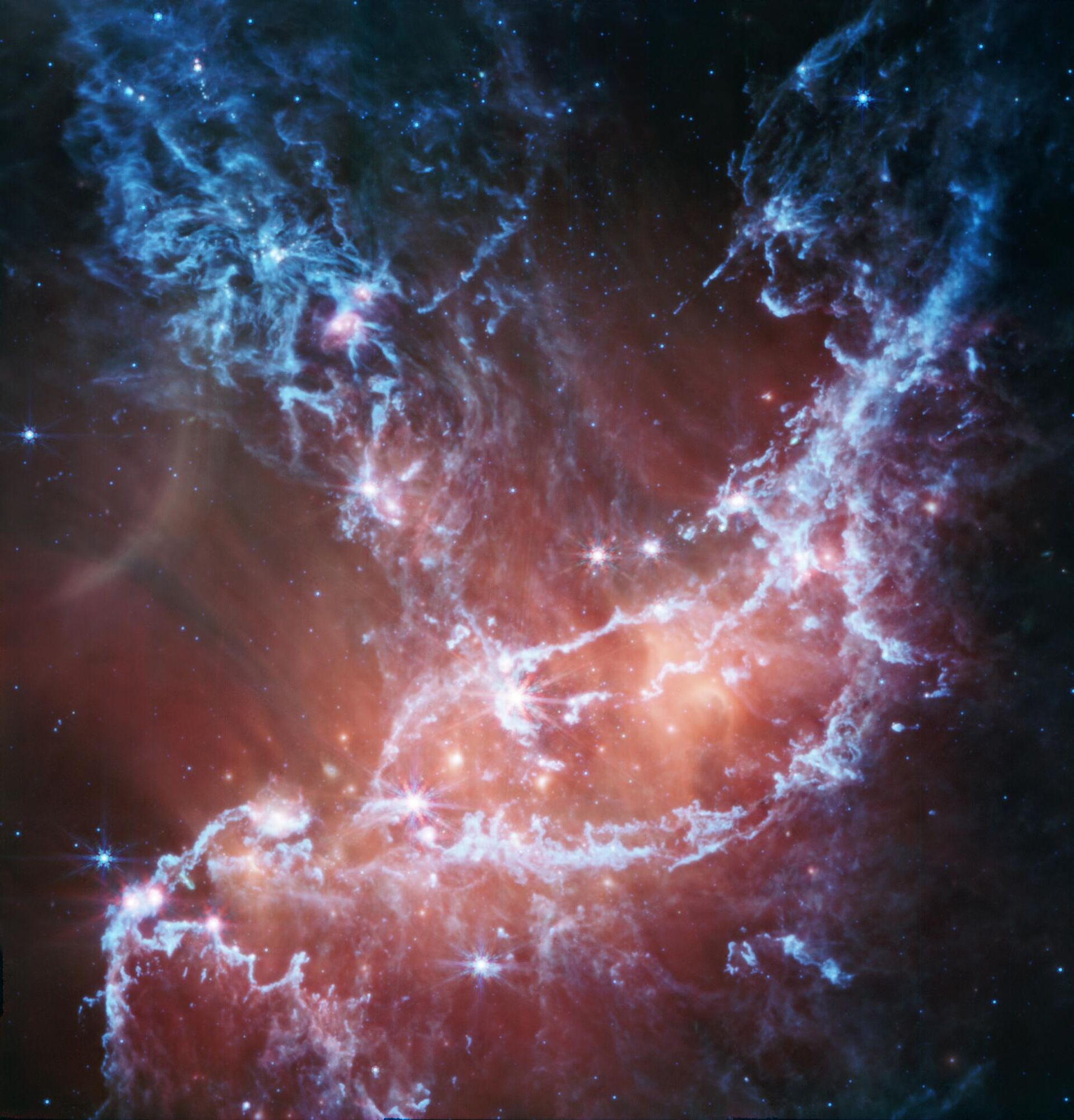 O Telescópio James Webb registrou detalhes de um berçário estelar, o NGC 346, um aglomerado estelar no interior da Pequena Nuvem de Magalhães - Sputnik Brasil, 1920, 11.10.2023