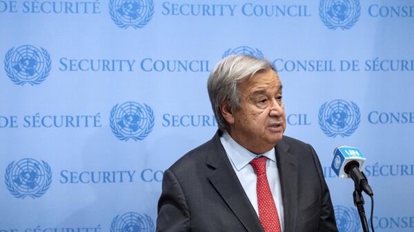 António Guterres aborda a situação de Israel e Gaza durante uma coletiva de imprensa na sede das Nações Unidas. Nova York, 13 de outubro de 2023 - Sputnik Brasil
