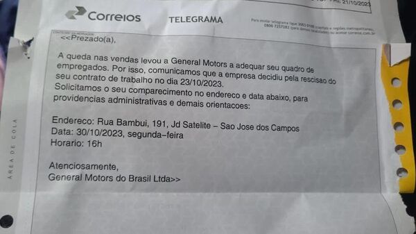 Telegrama enviado pela General Motors a funcionários demitidos, divulgado pelo Sindicato dos Metalúrgicos de São José dos Campos e Região. Brasil, 21 de outubro de 2023 - Sputnik Brasil
