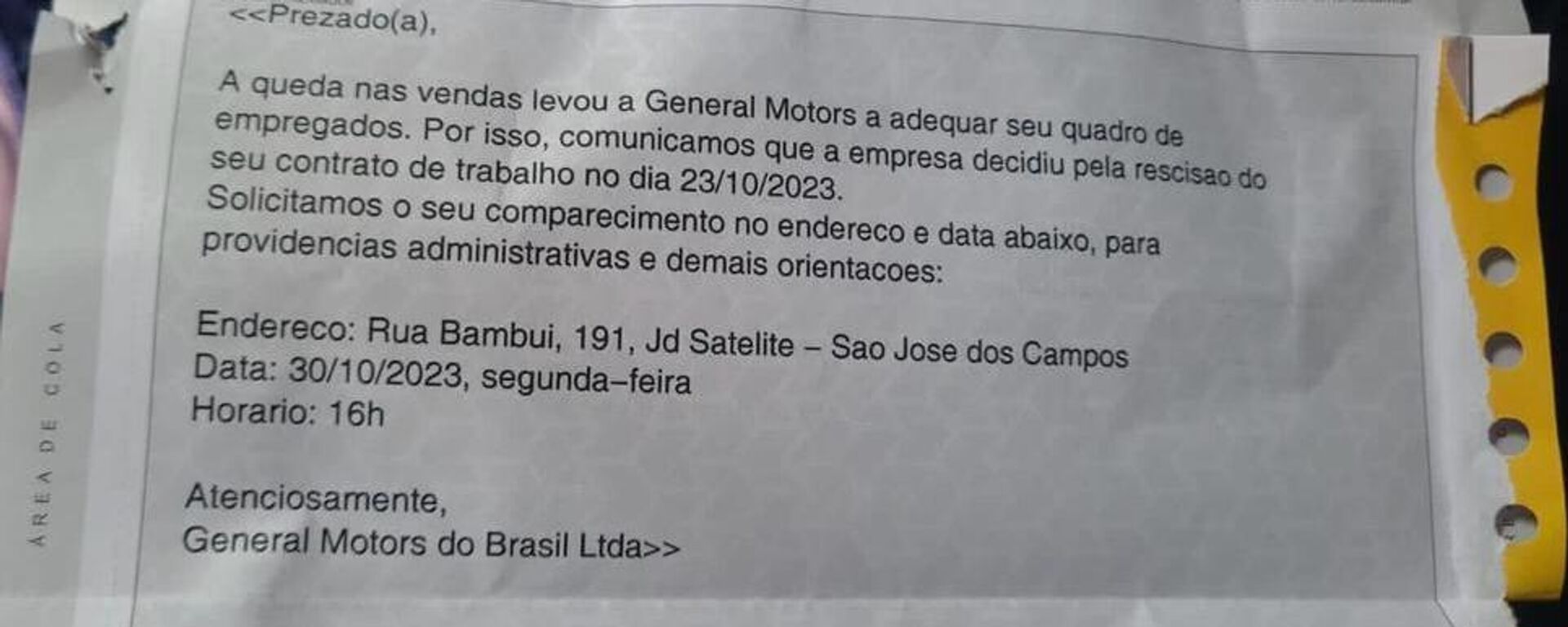 Telegrama enviado pela General Motors a funcionários demitidos, divulgado pelo Sindicato dos Metalúrgicos de São José dos Campos e Região. Brasil, 21 de outubro de 2023 - Sputnik Brasil, 1920, 21.10.2023