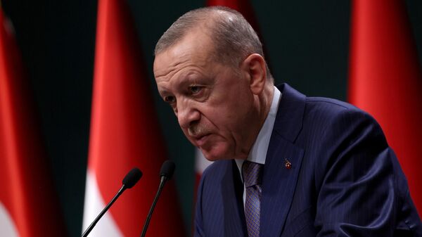 Recep Tayyip Erdogan, presidente da Turquia, participa de coletiva de imprensa com Karl Nehammer, chanceler da Áustria, no complexo presidencial de Ancara. Turquia, 10 de outubro de 2023 - Sputnik Brasil
