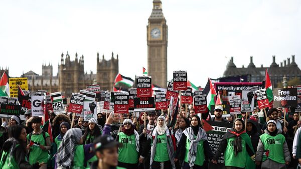 Manifestantes seguram cartazes enquanto caminham pela Ponte de Westminster com o Palácio de Westminster, sede das Casas do Parlamento, durante uma 'Marcha pela Palestina' em Londres, em 28 de outubro de 2023 - Sputnik Brasil