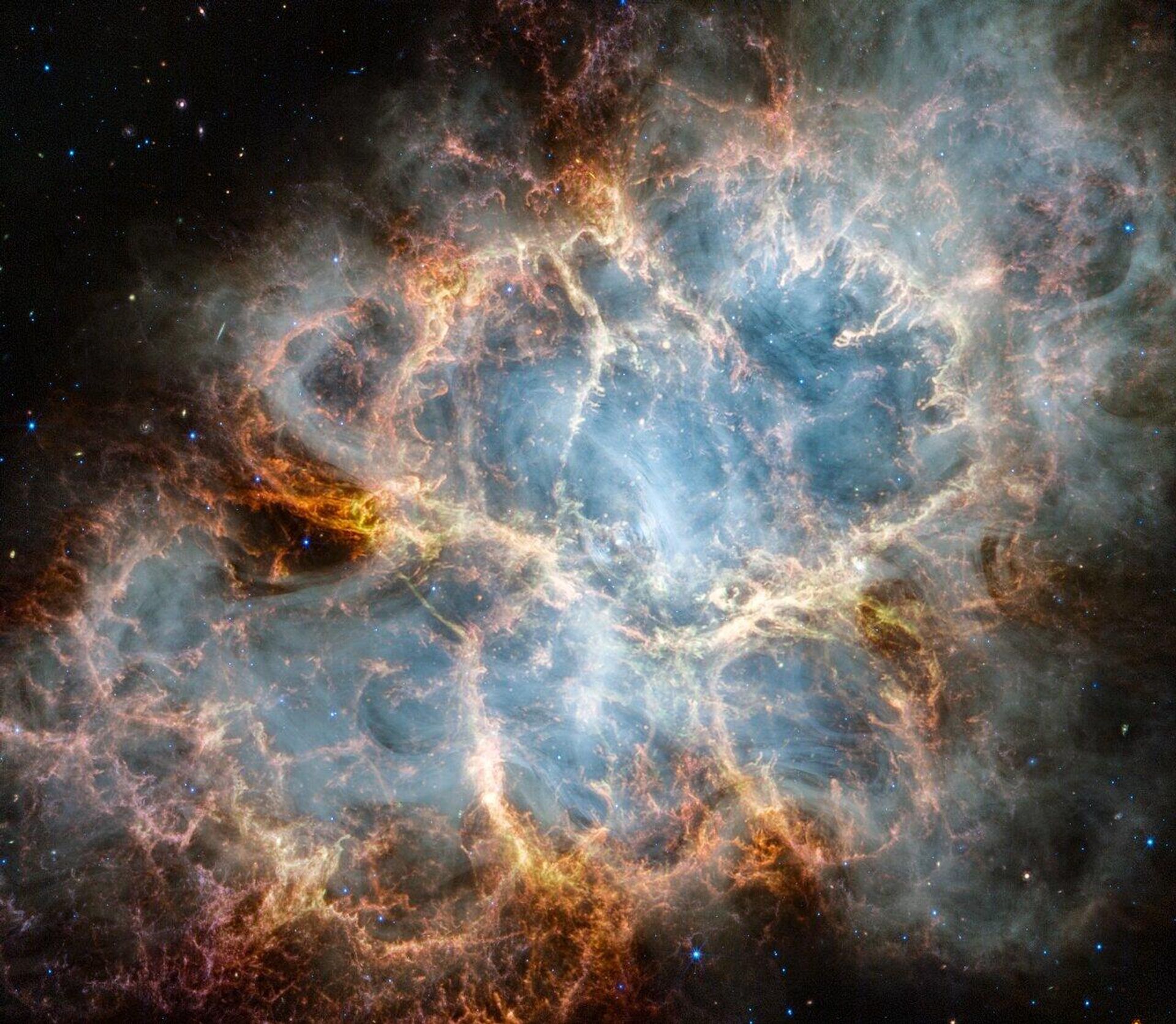 O Telescópio Espacial James Webb revelou novos detalhes da Nebulosa do Caranguejo, localizada a 6.500 anos-luz da Terra, na constelação do Touro - Sputnik Brasil, 1920, 31.10.2023