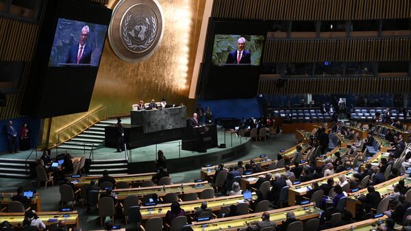 Presidente cubano, Miguel Díaz-Canel discursa na 78ª Assembleia Geral das Nações Unidas, na sede da organização, na cidade de Nova York, em 19 de setembro de 2023 - Sputnik Brasil