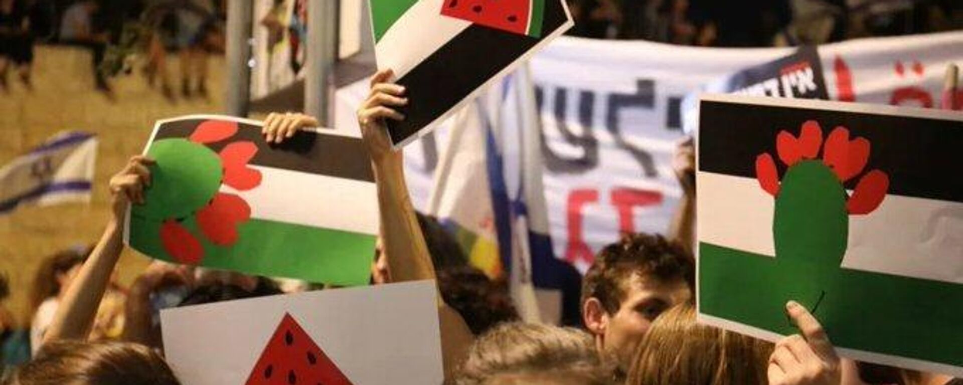 Manifestantes mostram cartazes com melancia em prol da causa palestina 23 de julho de 2023, em Jerusalém (Israel) - Sputnik Brasil, 1920, 24.11.2023