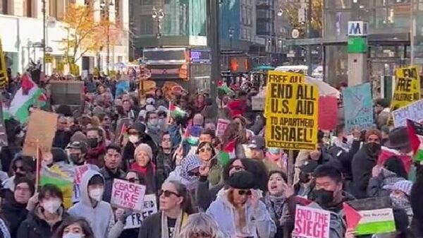 'Enquanto vocês fazem compras, bombas estão caindo', protestam pró-palestinos em Nova York - Sputnik Brasil