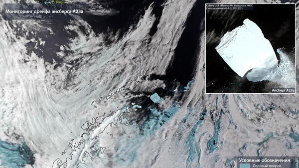 Imagem obtida pelo satélite hidrometeorológico russo Meteor-M do iceberg A23а já em águas abertas do Oceano Antártico - Sputnik Brasil