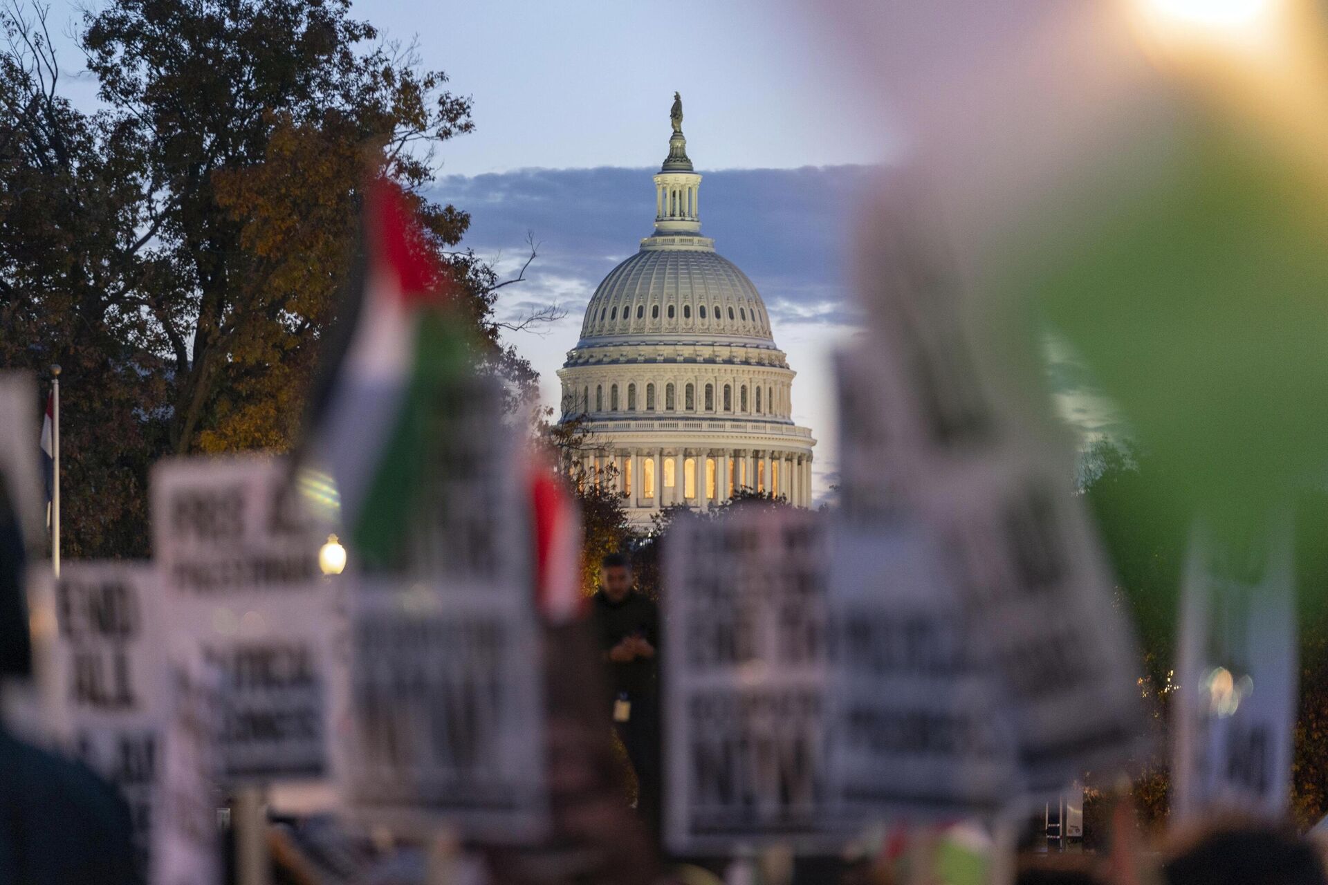 O Capitólio dos EUA é visto enquanto manifestantes se reúnem em manifestação pró-Palestina pedindo um cessar-fogo em Gaza, Washington, 17 de novembro de 2023 - Sputnik Brasil, 1920, 12.04.2024