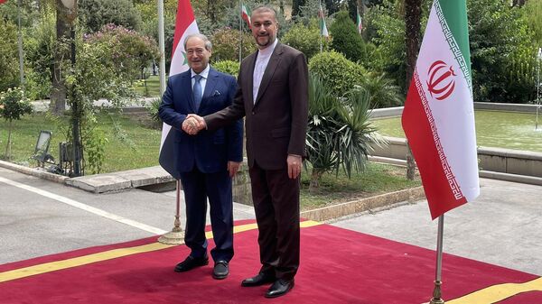 Chanceler da Síria, Faisal Mekdad (à esquerda), encontra seu homólogo iraniano, Hossein Amir-Abdollahian, em 31 de julho de 2023 - Sputnik Brasil