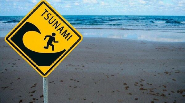 Placa em praia com alerta de tsunami (foto ilustrativa) - Sputnik Brasil