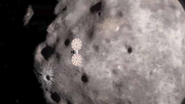 Imagem de uma animação em vídeo fornecida pela NASA mostra a espaçonave Lucy se aproximando de um asteroide - Sputnik Brasil