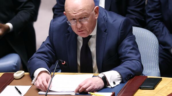 Vasily Nebenzya, representante permanente da Rússia nas Nações Unidas, em uma reunião da 78ª Sessão do Conselho de Segurança da ONU na sede da entidade em Nova York, EUA, foto publicada em 20 de setembro de 2023 - Sputnik Brasil