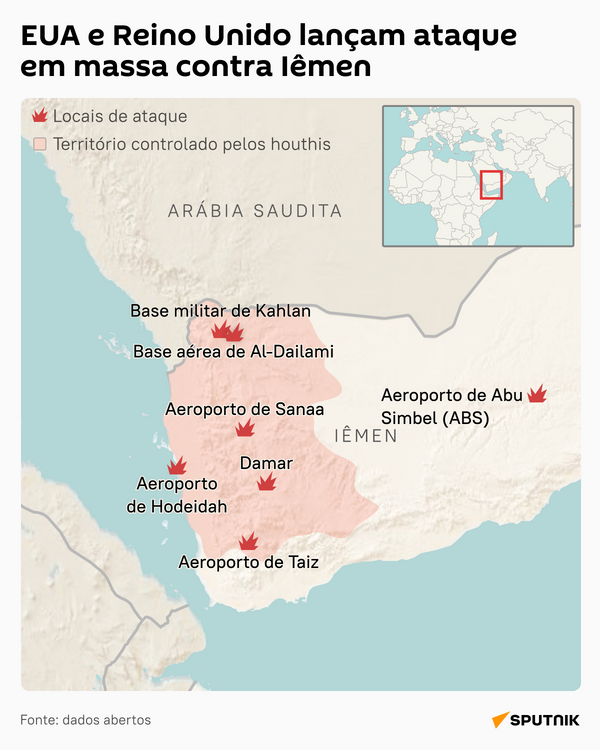 Mapa detalhado dos locais de ataques ocidentais ao Iêmen - Sputnik Brasil