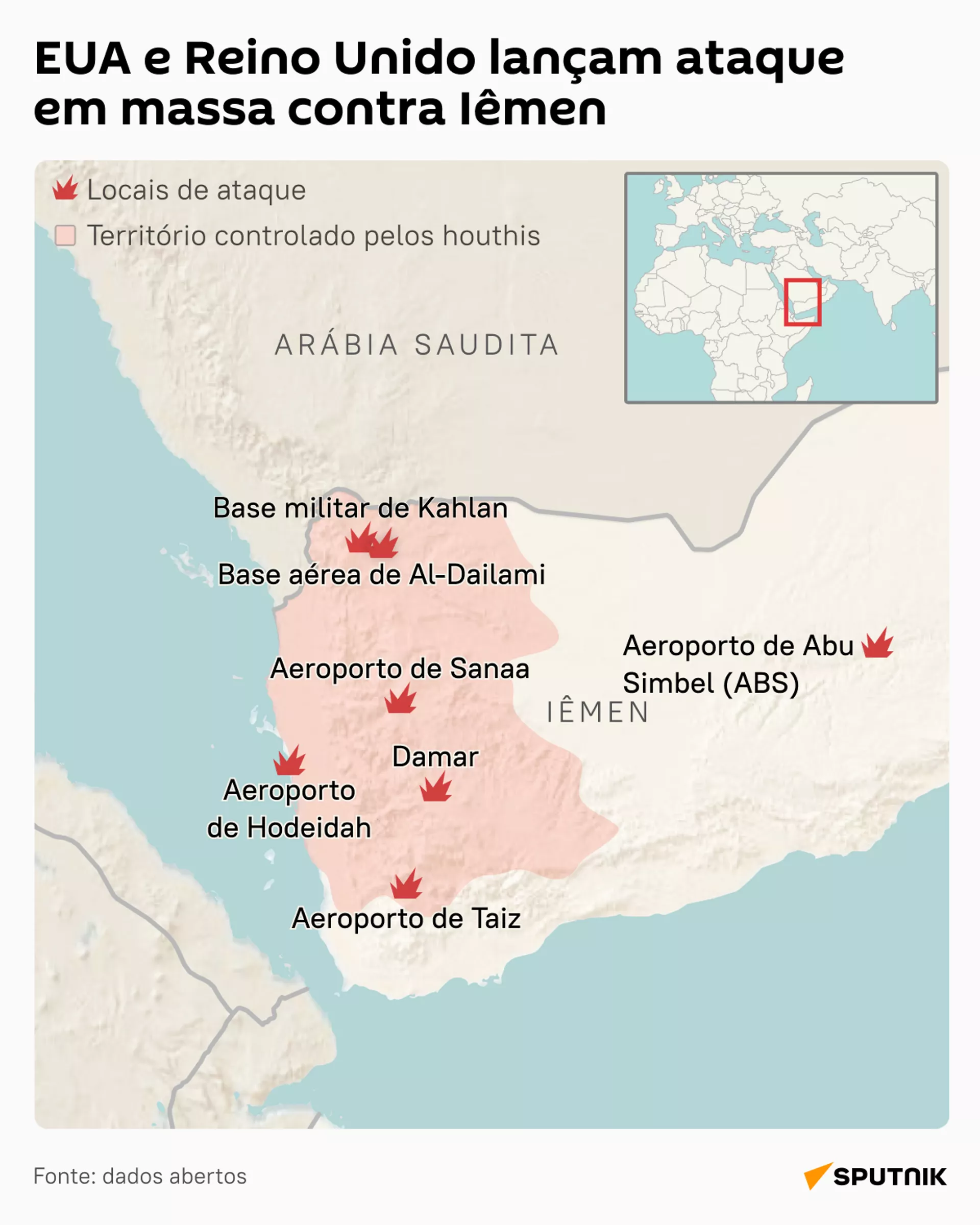 Mapa detalhado dos locais de ataques ocidentais ao Iêmen - Sputnik Brasil, 1920, 12.01.2024