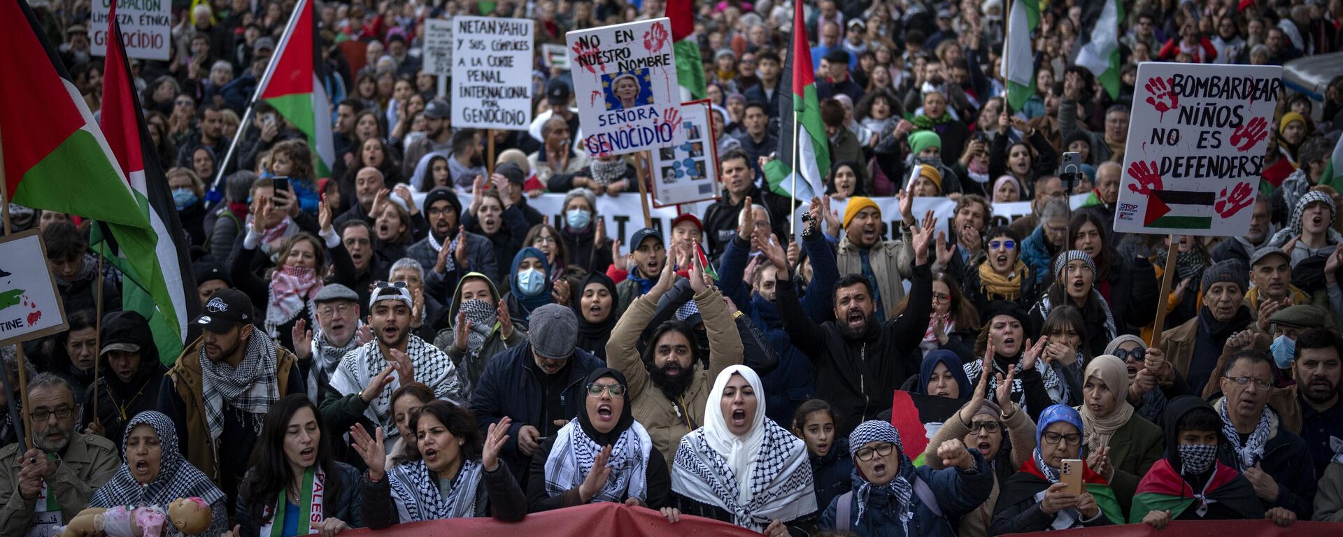Protesto toma às ruas de Madrid e pede cessar-fogo imediato na Faixa de Gaza. Barcelona, 20 de janeiro de 2024 - Sputnik Brasil, 1920, 20.01.2024