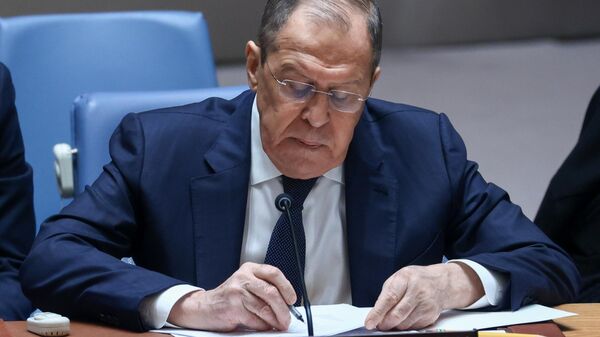 Ministro das Relações Exteriores da Rússia, Sergei Lavrov, durante sessão do Conselho de Segurança sobre a questão do fornecimento de armas à Ucrânia. Nova York, 22 de janeiro de 2024 - Sputnik Brasil