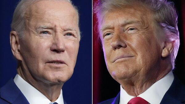Nesta combinação de fotos, o presidente Joe Biden fala em 10 de agosto de 2023, em Salt Lake City, à esquerda, e o ex-presidente Donald Trump fala em 8 de julho de 2023, em Las Vegas - Sputnik Brasil