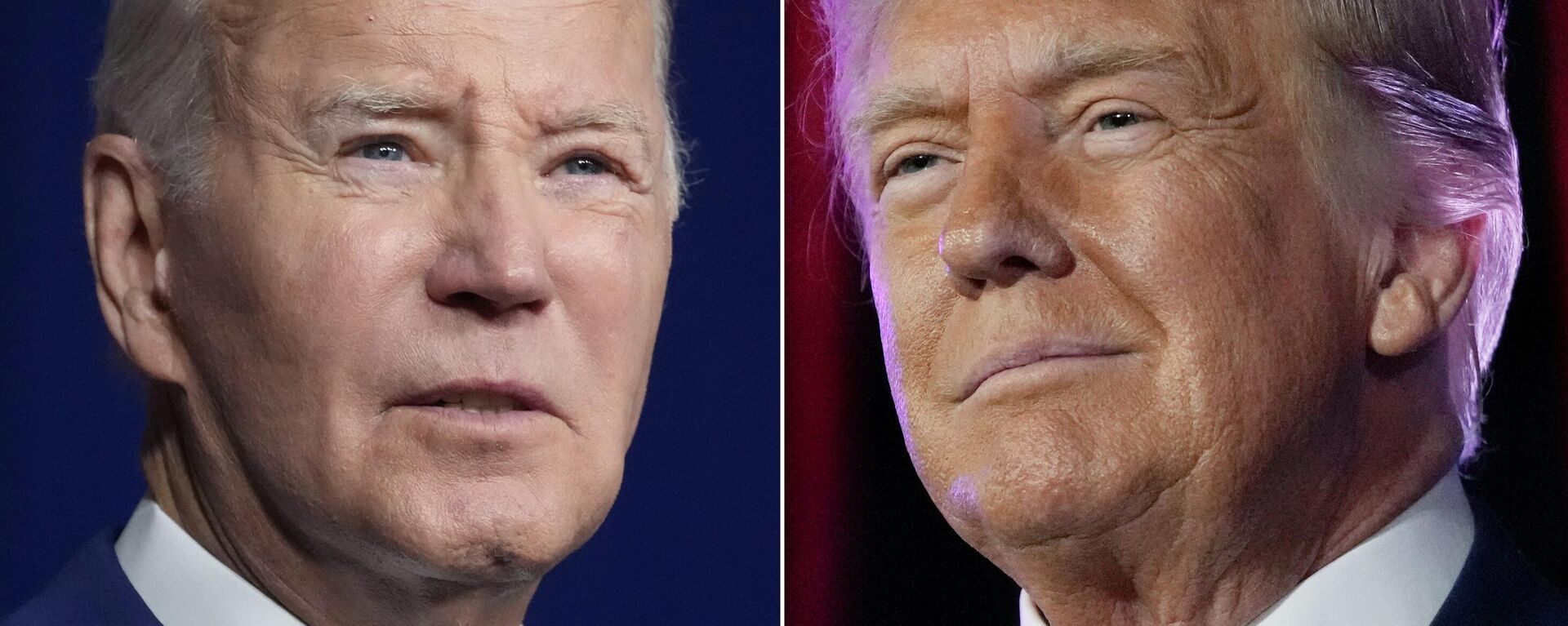 Nesta combinação de fotos, o presidente Joe Biden fala em 10 de agosto de 2023, em Salt Lake City, à esquerda, e o ex-presidente Donald Trump fala em 8 de julho de 2023, em Las Vegas - Sputnik Brasil, 1920, 25.01.2024