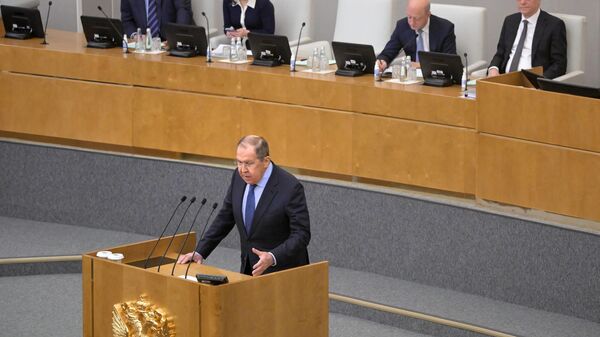 Ministro das Relações Exteriores da Rússia, Sergei Lavrov, durante o discurso na Duma de Estado (câmara baixa do parlamento) - Sputnik Brasil