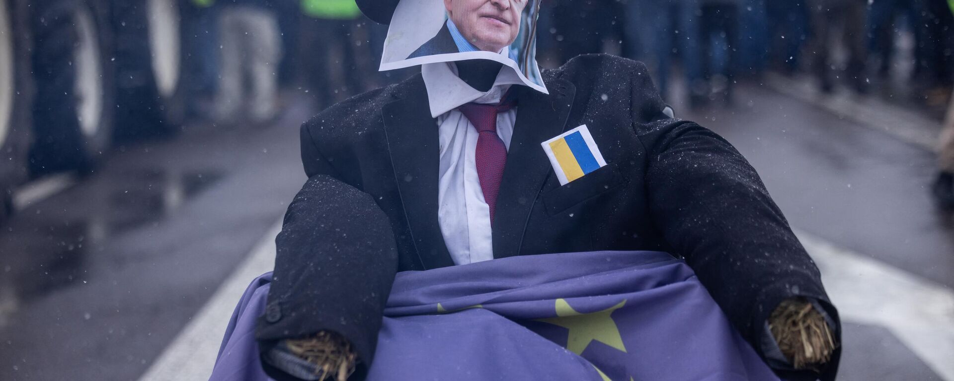 Um manequim feito de palha com o rosto do comissário agrícola da UE, Janusz Wojciechowski, sentado em uma cadeira de rodas coberta com a bandeira da UE, enquanto agricultores bloqueiam o acesso à passagem da fronteira entre a Polônia e a Ucrânia em Dorohusk, leste da Polônia, em 9 de fevereiro de 2024 - Sputnik Brasil, 1920, 15.02.2024