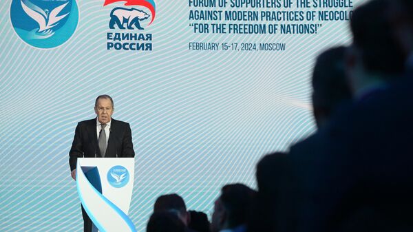 Sergei Lavrov, ministro das Relações Exteriores russo, discursa no Fórum Internacional Pela Liberdade das Nações, em Moscou, Rússia, 16 de janeiro de 2024 - Sputnik Brasil