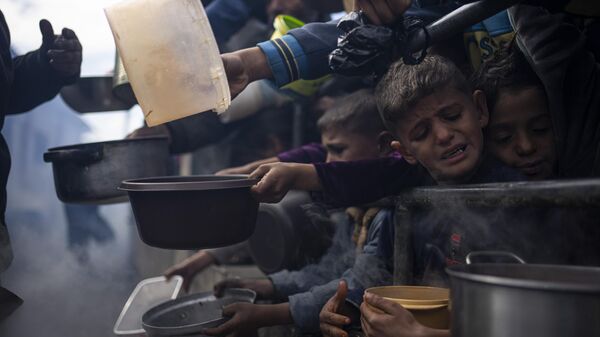 Palestinos fazem fila para refeição fornecida por ajuda humanitária em Rafah. Faixa de Gaza, 16 de fevereiro de 2024 - Sputnik Brasil