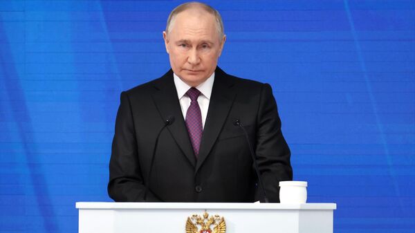 Presidente russo, Vladimir Putin, profere mensagem anual perante a Assembleia Federal da Rússia, 29 de fevereiro de 2024 - Sputnik Brasil