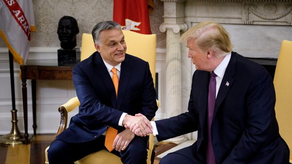 O primeiro-ministro da Hungria, Viktor Orbán e o presidente dos EUA, Donald Trump, apertam as mãos antes de uma reunião no Salão Oval da Casa Branca, em 13 de maio de 2019 - Sputnik Brasil