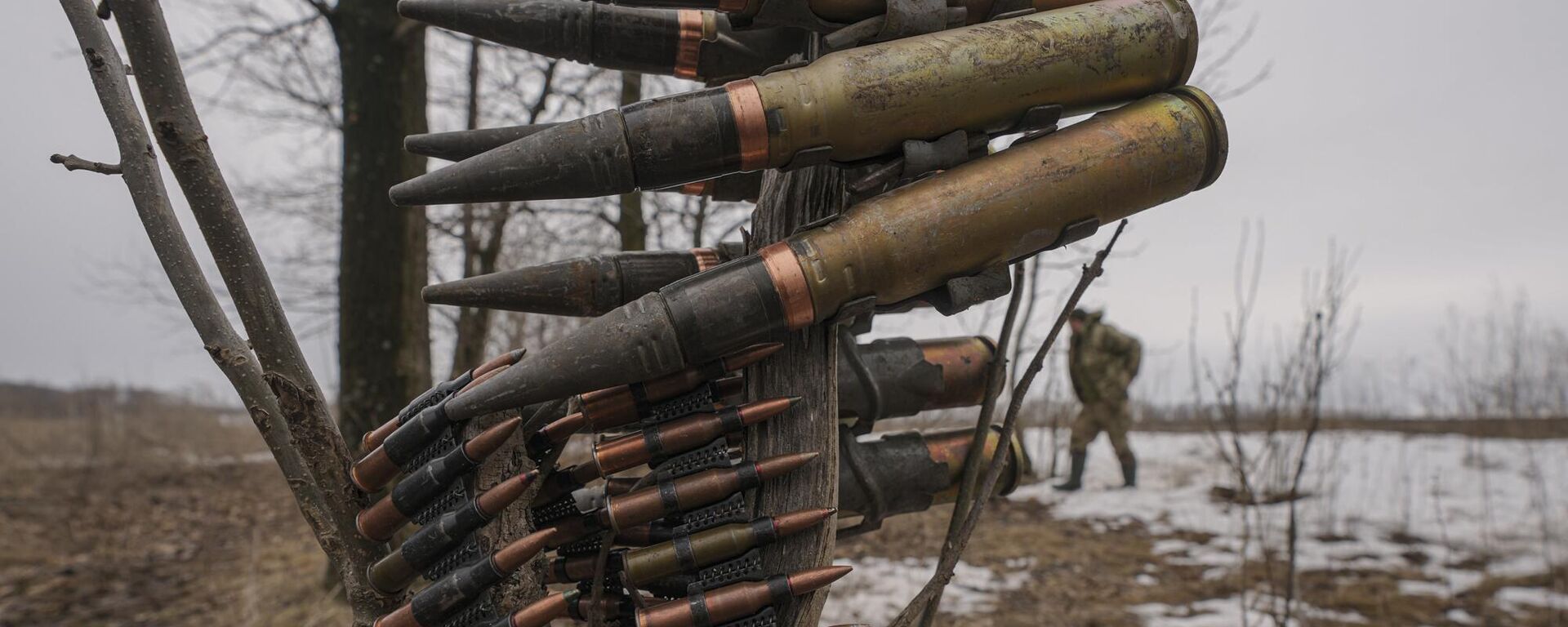Munição pendurada em galho de árvore durante exercício em uma área controlada pela Operação das Forças Conjuntas na região de Donetsk, em 10 de fevereiro de 2022 - Sputnik Brasil, 1920, 18.03.2024