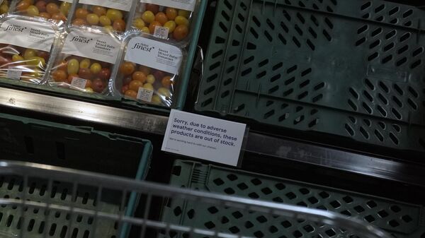 Prateleira de supermercado com aviso sobre falta de legumes e verduras por conta das condições climáticas do Reino Unido. Londres, 28 de fevereiro de 2023 - Sputnik Brasil