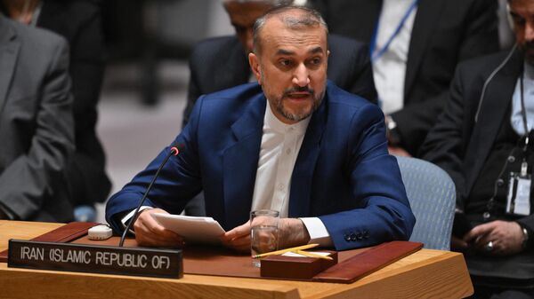O ministro das Relações Exteriores do Irã, Hossein Amir-Abdollahian, durante reunião do Conselho de Segurança da Organização das Nações Unidas (ONU) sobre a situação no Oriente Médio, incluindo a questão palestina, na sede da ONU, na cidade de Nova York, em 18 de abril de 2024 - Sputnik Brasil
