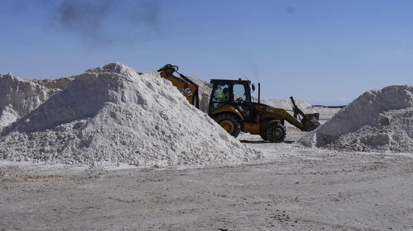 Trabalhador transporta sal para ser processado em uma fábrica de carbonato de lítio no salar de Uyuni, nos arredores de Llipi. Bolívia, 15 de dezembro de 2023 - Sputnik Brasil