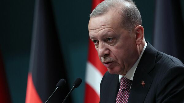 O presidente turco, Recep Tayyip Erdogan, fala durante uma conferência de imprensa com o presidente alemão após sua reunião no Complexo Presidencial em Ancara, em 24 de abril de 2024 - Sputnik Brasil