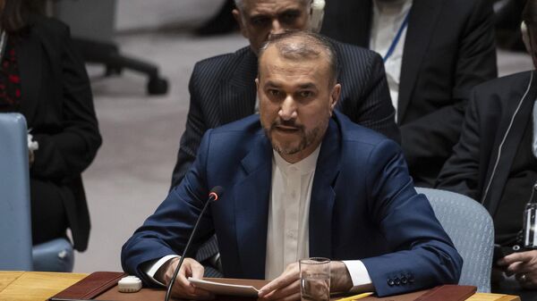 Hossein Amir-Abdollahian fala durante uma reunião do Conselho de Segurança na sede das Nações Unidas, em Nova York. EUA, 18 de abril de 2024 - Sputnik Brasil