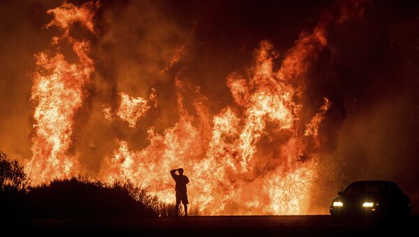 Um motorista na Highway 101 assiste as chamas do incêndio Thomas, ao norte de Ventura, na Califórnia, em 6 de dezembro de 2017. - Sputnik Brasil