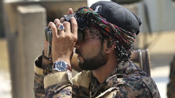 Combatente árabe com Forças Democráticas Sírias apoiadas pelos EUA olhando no binóculo em Raqqa, noroeste da Síria - Sputnik Brasil