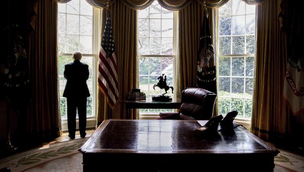 Presidente dos EUA Donald Trump olha pela janela da Casa Branca antes da entrevista com a Associated Press, Washington, 21 de abril de 2017 - Sputnik Brasil