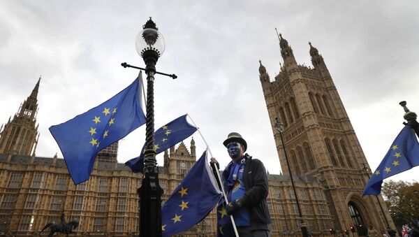 An anti-Brexit, pro European Union campaigner holds a EU flag, near Parliament in London, Wednesday, Nov. 22, 2017. Britain's Treasury chief has little room to maneuver Wednesday as he reveals his spending plans to a nation bracing for the shock of Brexit. - Sputnik Brasil