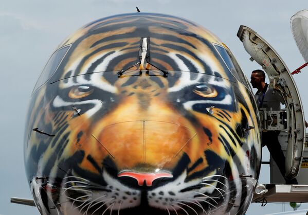 Avião E190-E2 da Embraer com a pintura de um tigre no show aéreo em Singapura - Sputnik Brasil