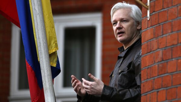 O fundador da Wikileaks, Julian Assange, falando na varanda da embaixada do Equador em Londres (Foto de arquivo) - Sputnik Brasil