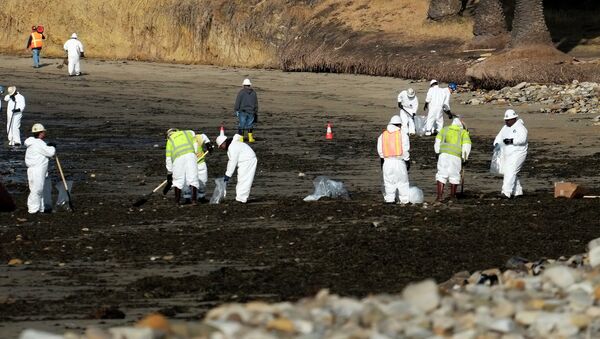 Equipes especiais fazem limpeza na praia depois de vazamento de petróleo, Refugio State Beach, Califórnia - Sputnik Brasil