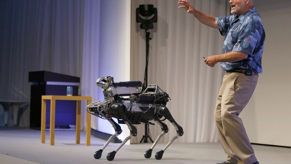 Diretor executivo da companhia Boston Dinamics, Marc Raibert, falando sobre seu robô SpotMini durante a apresentação em Tóquio, Japão - Sputnik Brasil