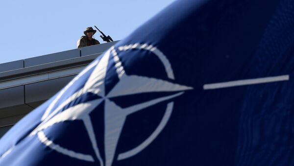 Bandeira da OTAN com um militar em fundo - Sputnik Brasil