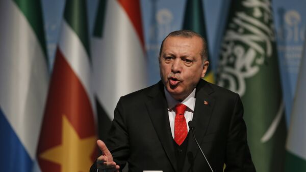 O presidente da Turquia, Recep Tayyip Erdogan, durante coletiva de imprensa após reunião da Organização de Cooperação Islâmica, em Instambul, em dezembro de 2017. - Sputnik Brasil