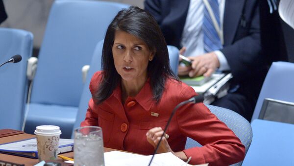 Embaixadora dos EUA na ONU, Nikki Haley, em reunião do Conselho de Segurança da ONU sobre a Síria, na sede da ONU em Nova York - Sputnik Brasil