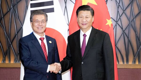 Moon Jae-in (à esquerda), presidente da Coreia do Sul aperta a mão de Xi Jinping (à direita), presidente da China durante encontro do Fórum de Cooperação Econômica Ásia-Pacífico (APEC). - Sputnik Brasil