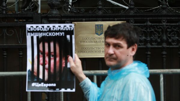 Participante de protesto perto da embaixada da Ucrânia em Moscou em apoio ao jornalista Kirill Vyshinsky - Sputnik Brasil