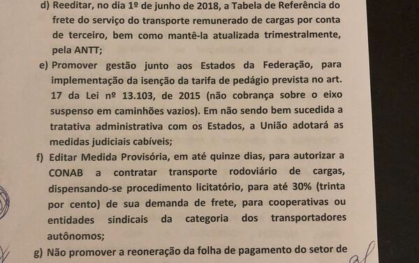 Termo de acordo entre o governo federal e entidades representantes dos caminhoneiros em greve (2) - Sputnik Brasil